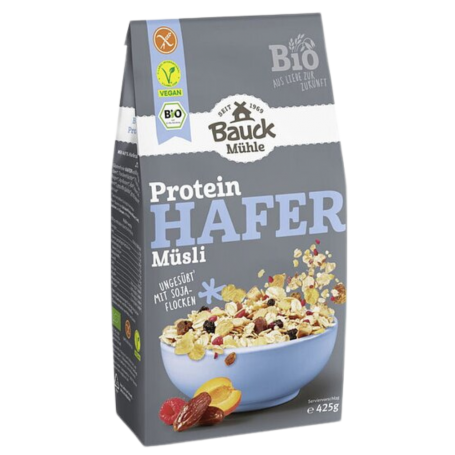 ECO BAUCKHOF MUESLI PROTEIC DIN OVĂZ, FĂRĂ GLUTEN, FĂRĂ ZAHĂR ADĂUGAT 425g