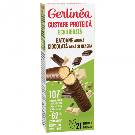 GERLINÉA MINIPACK BATOANE PROTEICE – AROMĂ CIOCOLATĂ ALBĂ ȘI NEAGRĂ 62g (2x31g)